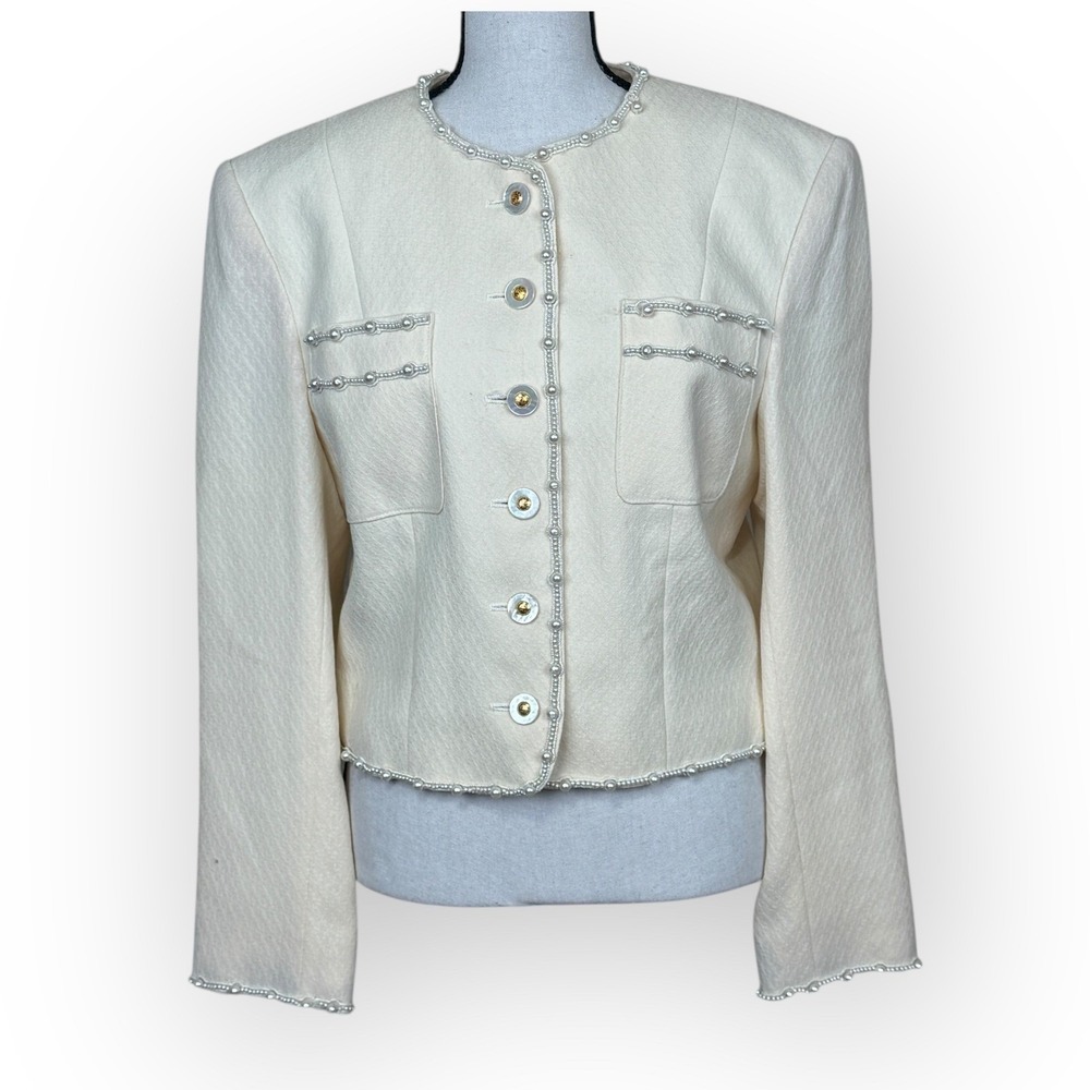 Louis‎ Feraud Cream Wool Pearl Beaded Button Cropped Jacket Blazer Women 8 VTG
